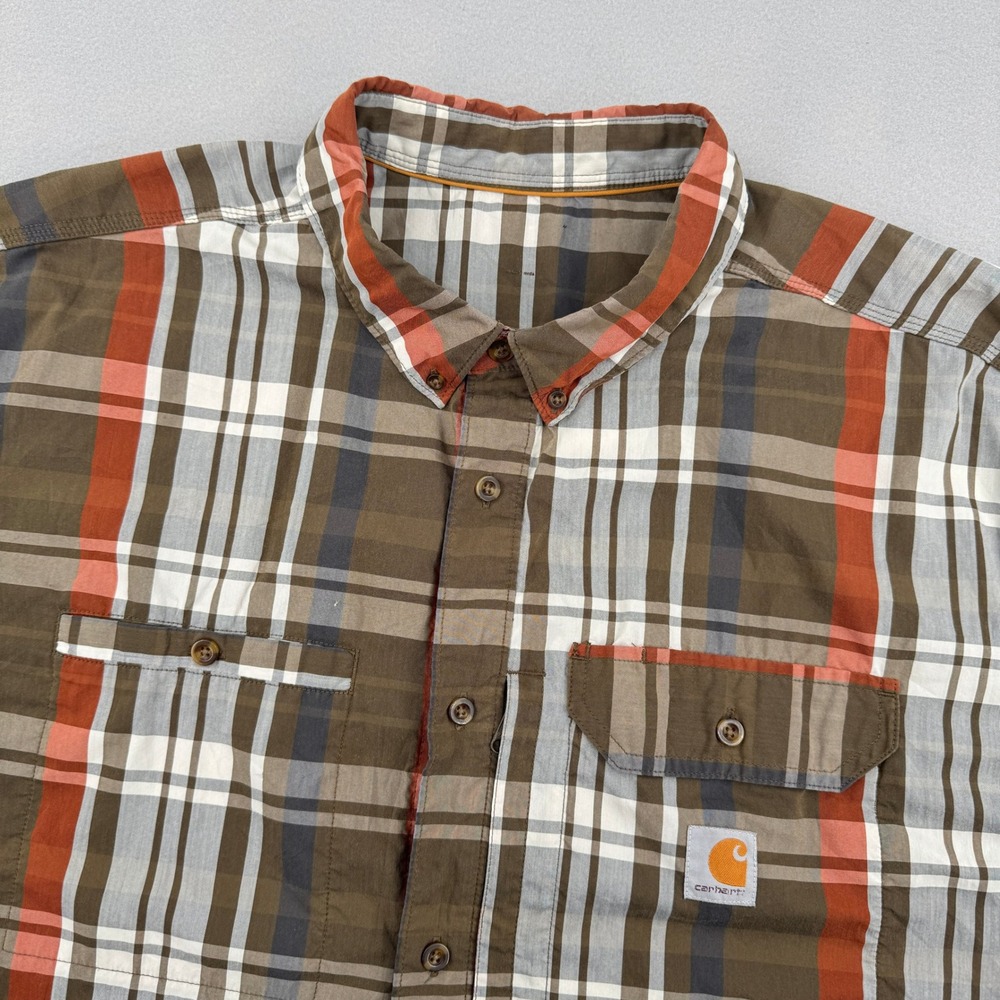 Carhartt Mens 3XL Plaid Short Sleeve Button Down Shirt Brown/Orange Workwear